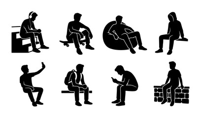 Modern Silhouette Collection: Diverse Poses of Men Sitting, Relaxing, and Using Technology, Vector Icons for Lifestyle and Social Media © Sajin