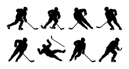 Naklejka premium Ice Hockey Player Silhouettes, Action Poses, Sports Graphics Set, Dynamic Movement Collection, Winter Game Icons