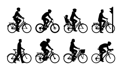 Obraz premium Diverse Bicycle Silhouettes Collection: Cyclists, Commuters, Family Rides, and Sports, Vector Icons for Mobility and Lifestyle Graphics