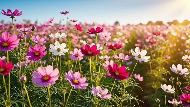 Colorful cosmos flowers gently blowing in the wind under a bright blue sky in a summer field