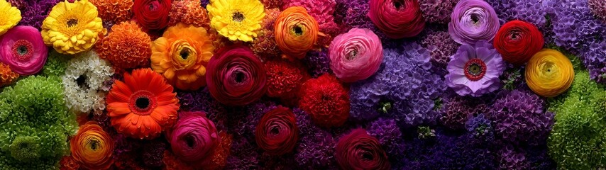 Fototapeta premium Nature's canvas: a lush chrysanthemum wall display. Artistic distortion. Opulent wedding setting with a vibrant chrysanthemum floral wall. Provocative poses. Colorful surrealism.