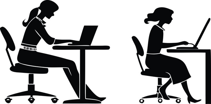 Business woman silhouette working on laptop, female office employee at desk vector, professional lady using computer in workspace