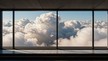 Naklejka premium Panoramic window view of a sea of fluffy white clouds