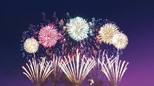 Colorful fireworks display exploding in the night sky with sparkling light effects for a celebration