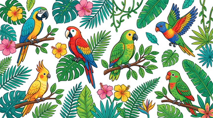 Vector cartoon illustration set of colorful tropical parrots perched on branches and flying amidst dense jungle palm leaves and hibiscus flowers on white background © MstBizly