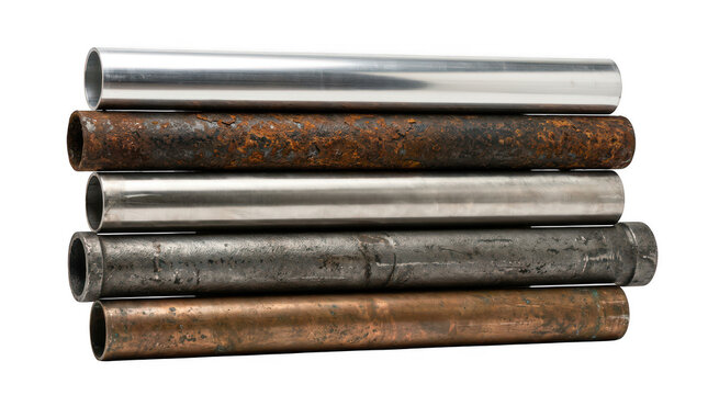 Stack of shiny and rusty metal pipes isolated on transparent background