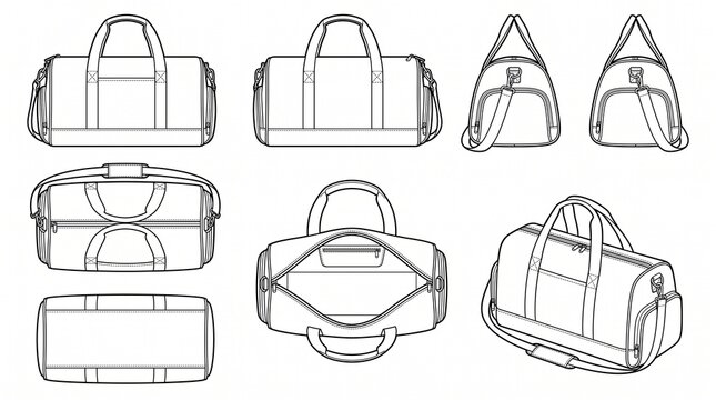 Duffle Bag Technical Sketch Vector, Gym Bag Flat Template with Front Side Top Bottom and Perspective Views