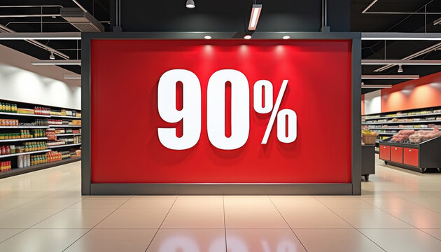Large red billboard with bold 90 percent sign in supermarket for sale banner and promotional display background