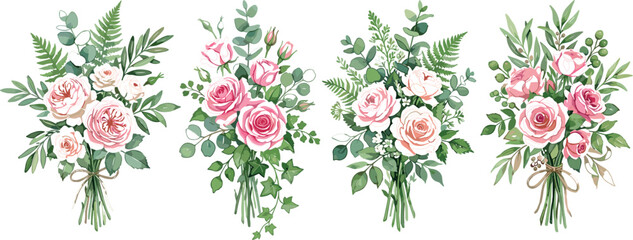 Watercolor vector botanical illustration set of four elegant pink rose flower bouquets with mixed green eucalyptus and fern leaves isolated on white background © MstBizly