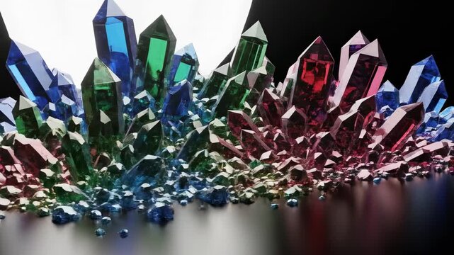 Array of colorful faceted crystals, sharp edges, rainbow gradient, reflective surface, abstract mineral formation, natural light glow