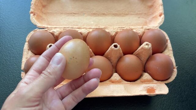 chicken eggs in a cardboard tray. A hand picking a fresh brown egg from a cardboard carton
