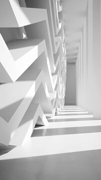 White 3D geometric zig-zag wall corridor perspective.