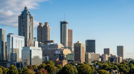 Fototapeta premium Modern urban skyline with skyscrapers and green trees under clear blue sky