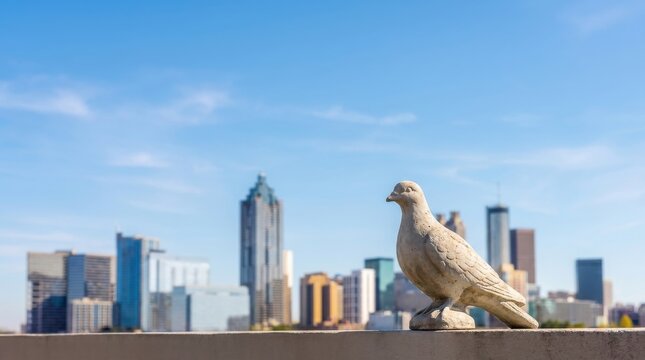 Stone pigeon sculpture perched on a concrete ledge with a blurred urban city skyline and clear blue sky in the background