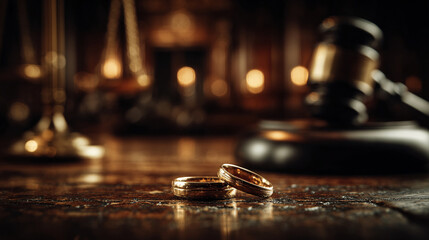 Obraz premium Broken wedding ring on wooden table in dimly lit courtroom setting with gavel and legal documents