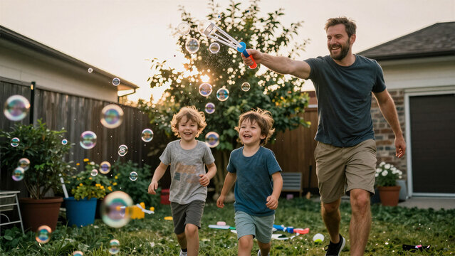 Father and two young children laughing as they chase soap bubbles in a green, cluttered backyard