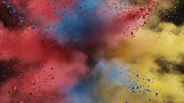 Colorful holi powder explosion with red blue and yellow particles on a dark background