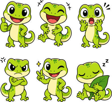 Cute gecko cartoon character set vector illustration. Happy green lizard mascot posing with different emotions, thumbs up, laughing, surprised, angry, winking, and sleeping isolated on white backgroun
