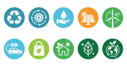 Fototapeta premium Eco-Friendly Environmental Icons with Solar Wind Electric Vehicle and Green Home
