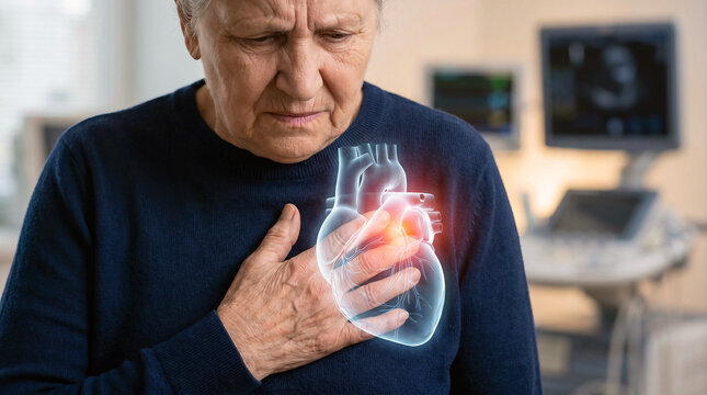 Senior Woman Experiencing Chest Pain with Transparent Heart Anatomy Overlay Highlighting Cardiovascular Disease
