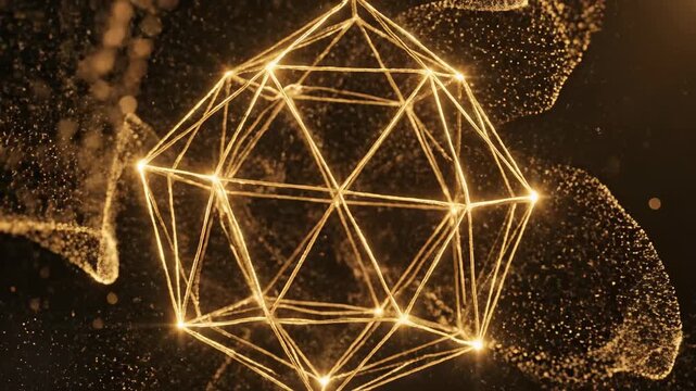 Golden geometric polyhedron structure, pulsating with light and surrounded by glittering particles, abstract luxury background for technology and finance