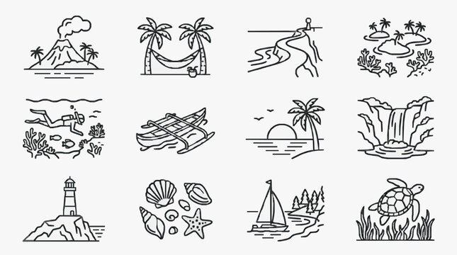 Professional Black and White Line Drawing Set of 12 Tropical and Beach Themed Icons Featuring Volcano Hammock Hiking Snorkeling Surfing Boats Lighthouse Seashells Sunset Waterfall Sailing Sea Turtle