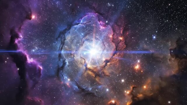 Colorful nebula swirling with vibrant gases and luminous stellar energy against a dark cosmic backdrop