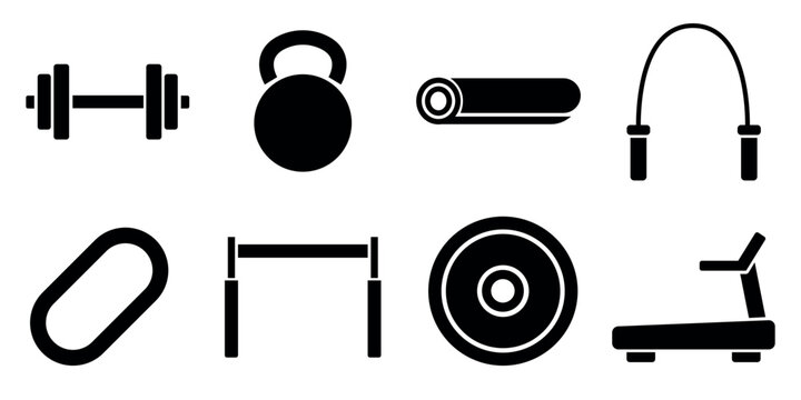 Gym fitness icons, dumbbell kettlebell workout equipment bundle