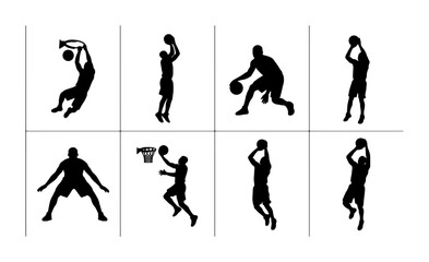 Basketball Player Silhouettes, Dynamic Action Poses Vector Set: Dunking, Shooting, Dribbling, Rebounding, Sports Graphics for Athletic Concepts © Riadul