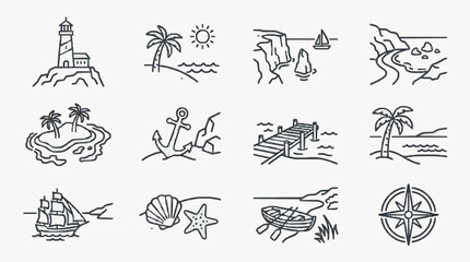 Sleek Black and White Line Drawing Set of 12 Nautical and Tropical Beach Icons for Travel Adventure and Marine Themes © Anggi