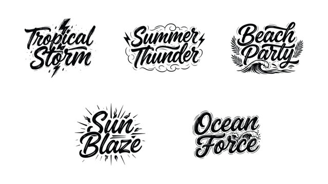Collection of five handdrawn lettering designs with summer and weather themes