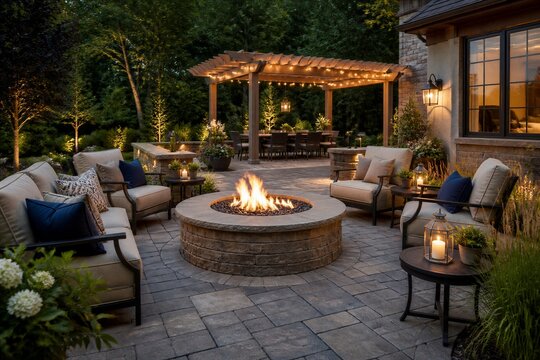 Backyard patio seating around lit fire pit under pergola at dusk