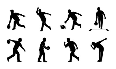 Obraz premium Bowling Action Silhouettes: Dynamic Poses of Athletes Throwing Balls, Sports Game Motion Graphics, Vector Illustrations for Athletic Concepts