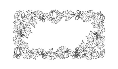 Obraz premium Autumn maple leaves and acorns line art frame template for coloring
