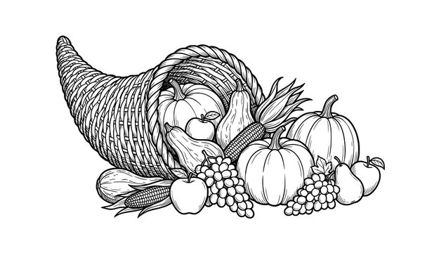 Harvest cornucopia basket with pumpkins and corn line art coloring page