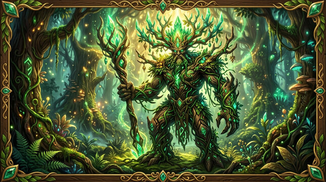 Fantasy card background with mystical forest treant protector and organic frame