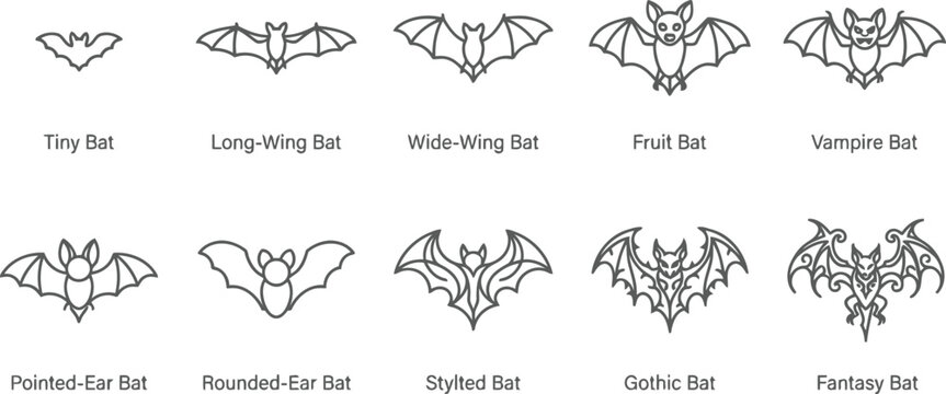 Collection of hand drawn bat icons set in a minimalist black and white style