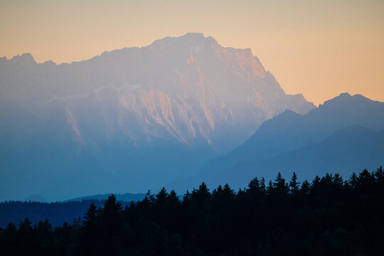 Landscape of the European Alps mountains in blue color shades