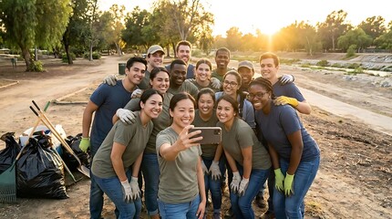 Fototapeta premium Diverse group of volunteers taking a selfie after park cleanup outdoors