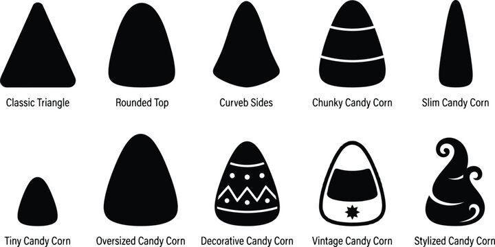 Collection of candy corn shape silhouettes isolated on a white background style