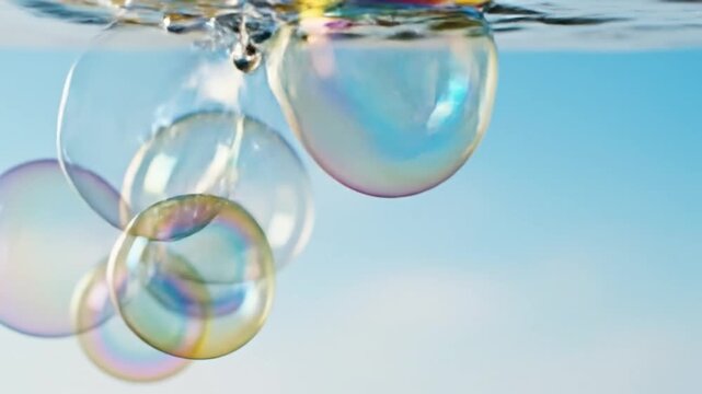 Colorful soap bubbles rising and floating near water surface with soft blue sky background