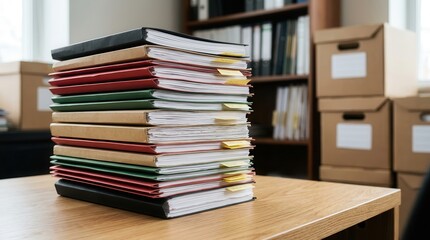 Naklejka premium A stack of colorful file folders and document boxes on an office desk.