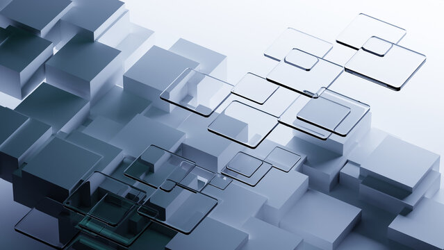 Abstract 3D Blue and White Geometric Glass Tiles and Plastic Cubes