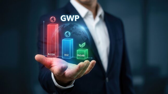 Comparing refrigerant GWP values with a bar graph showing R410A, R32, and R454B.