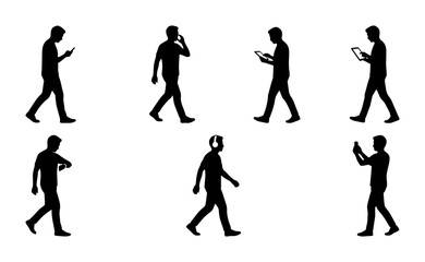 Silhouette Figures Set: Diverse Poses of Men Using Smartphones and Tablets, Walking, Talking, and Checking Devices, Minimalist Black and White Vector Graphics for Digital Lifestyle Concepts © Efan