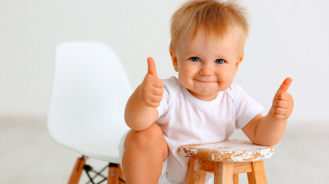 Happy toddler baby boy sitting on stool giving two thumbs up with thumbsup approval positive