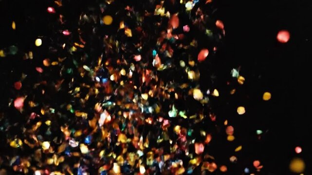 Colorful vibrant confetti pieces raining down against a deep dark black background for celebration