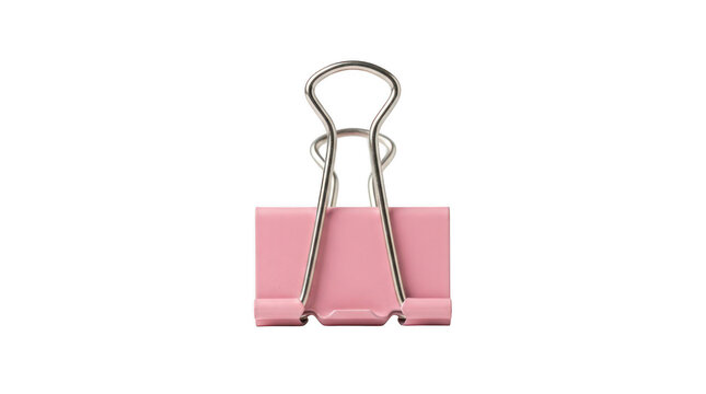 Small pink metal binder clip for paper isolated on transparent background