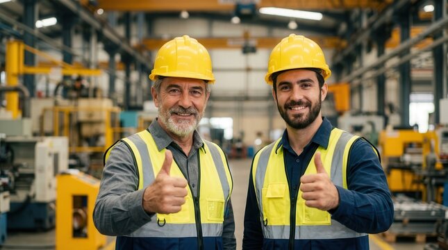 Experienced foreman mentoring a young engineer trainee in a factory with a supportive thumbs up.