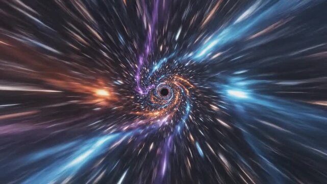 Colorful wormhole travel through space with vibrant light trails and fast motion blur effect